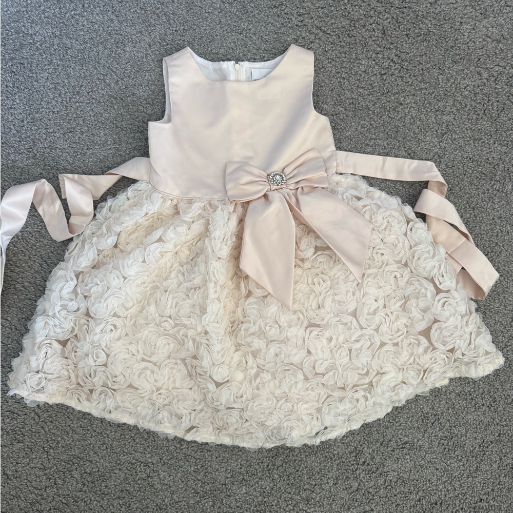 Rare Editions Blush Satin Bodice Rosette Skirt Party Dress with Bow